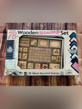 NEW MessageStor 78 pcs Wooden Stamp Set (Stamps, Brush Pens, Ink Pads) in a Case